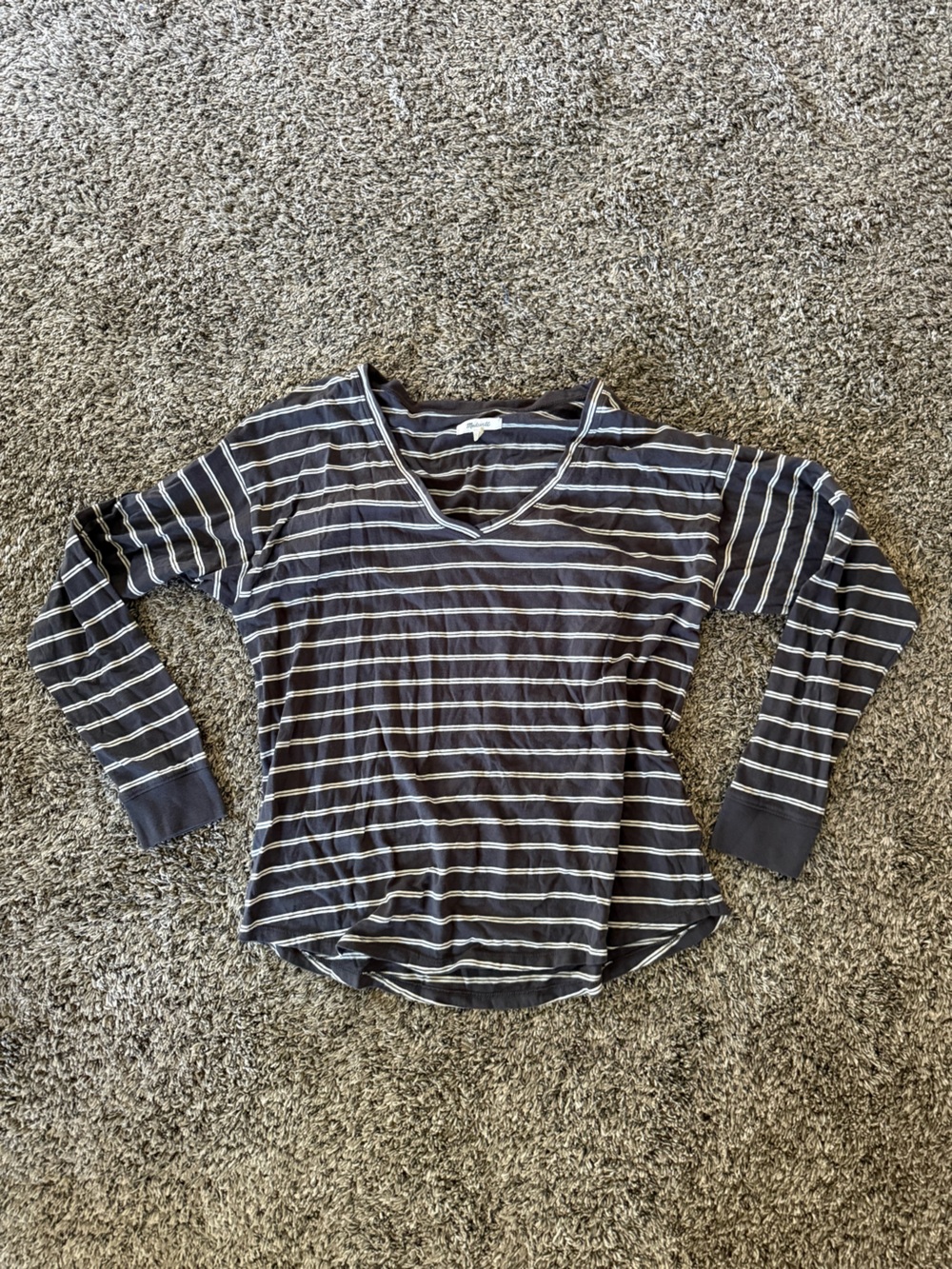 Striped V-Neck Long Sleeve Top - dark grey & White
